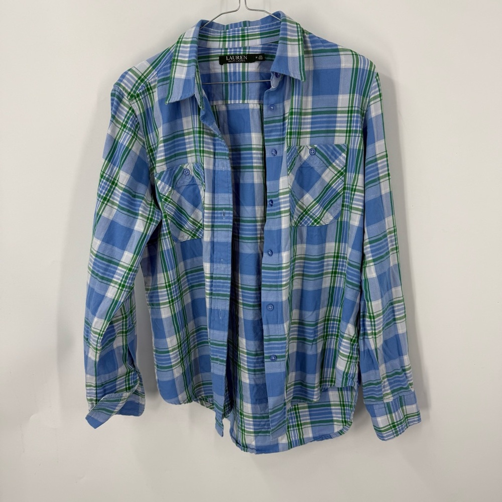 Ralph Lauren Blue and Green Plaid button front shirt L